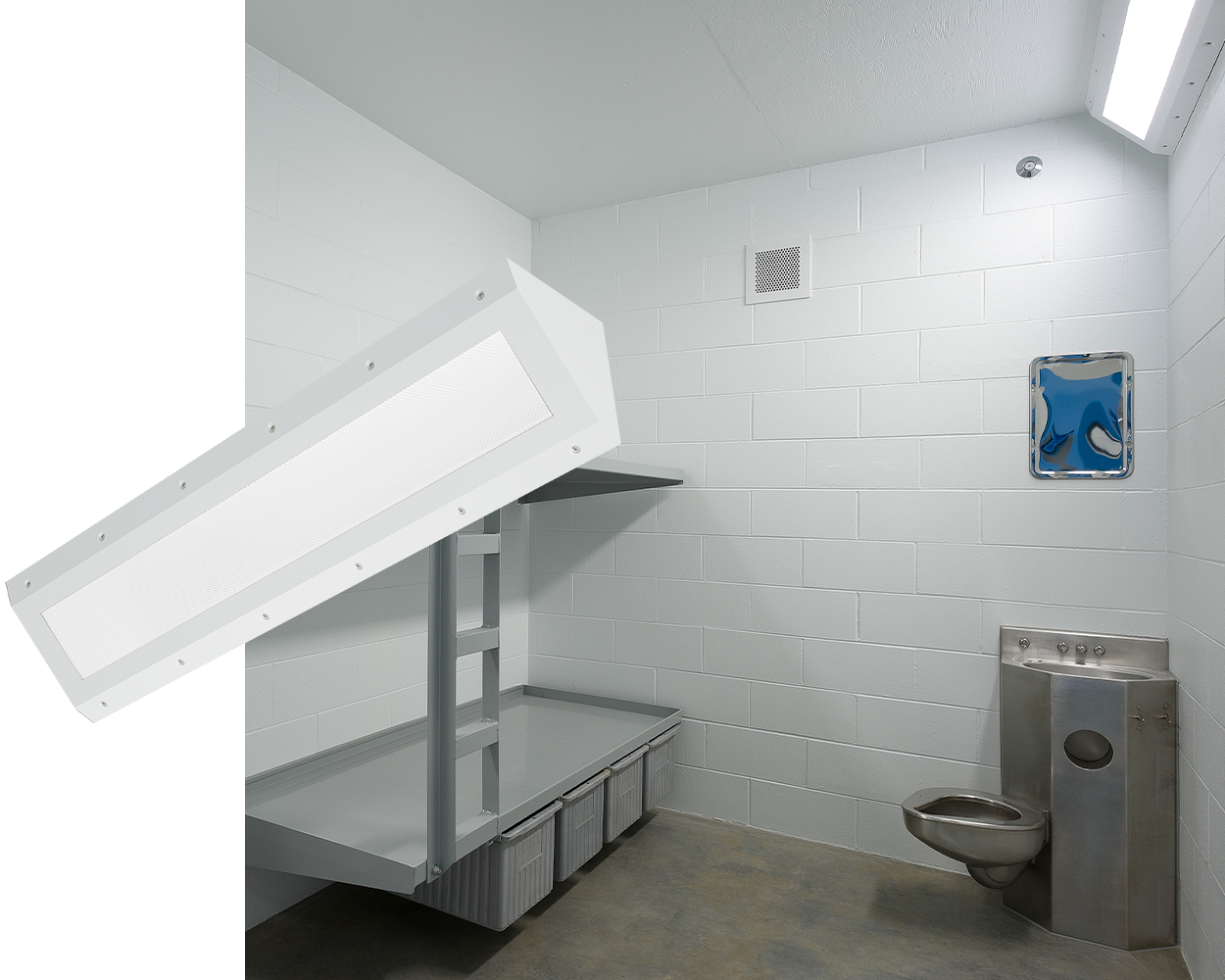 Mighty Mac CC product image and prison cell featuring the CC light fixture