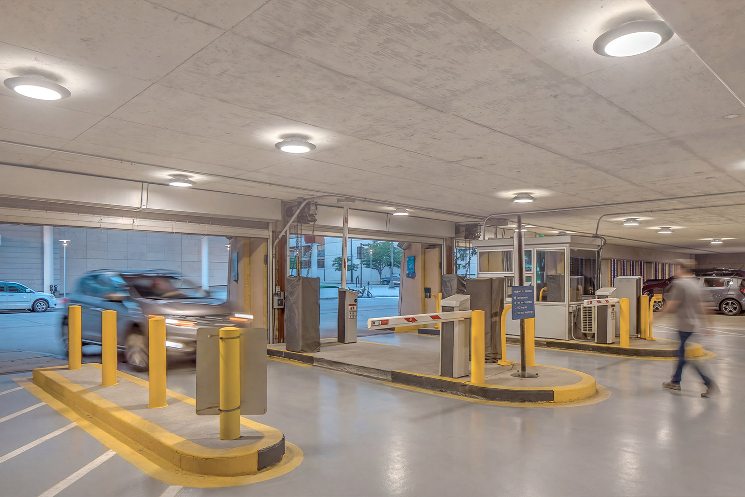 Parking garage entrance featuring Kenall Helos HPG14 light fixtures