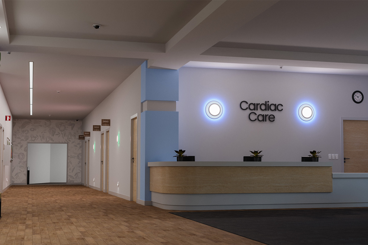 Healthcare corridor lighting controlled by WattStopper PLUS lighting controls